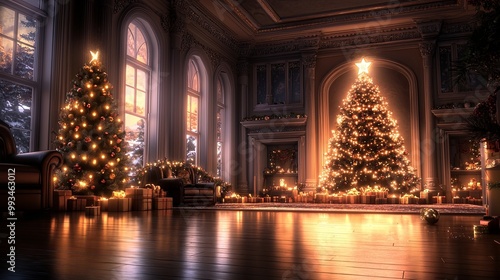 Wallpaper Mural A cozy, elegantly decorated room featuring two Christmas trees adorned with lights and ornaments, creating a warm holiday atmosphere. Torontodigital.ca