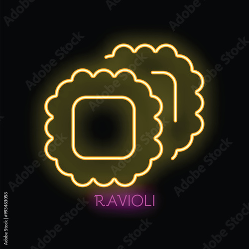 Yellow glowing neon line italian ravioli icon isolated on black background