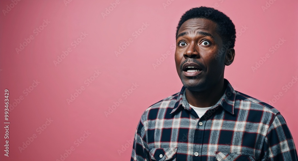 Surprised middleaged Black man with short hair wearing flannel shirt on plain pink background Surprised middleaged Black man with short hair wearing flannel shirt on plain pink background