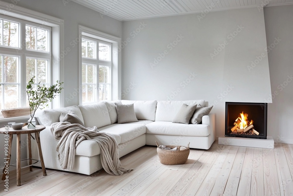 Fototapeta premium Photographed a modern residential living room designed with a combination of mid-century modern interiors and Scandinavian interiors. Generative AI 