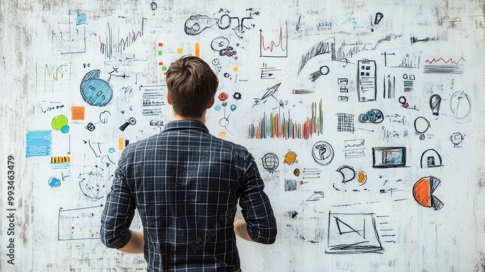 Man analyzing complex data visualizations on large whiteboard Man analyzing complex data visualizations on large whiteboard