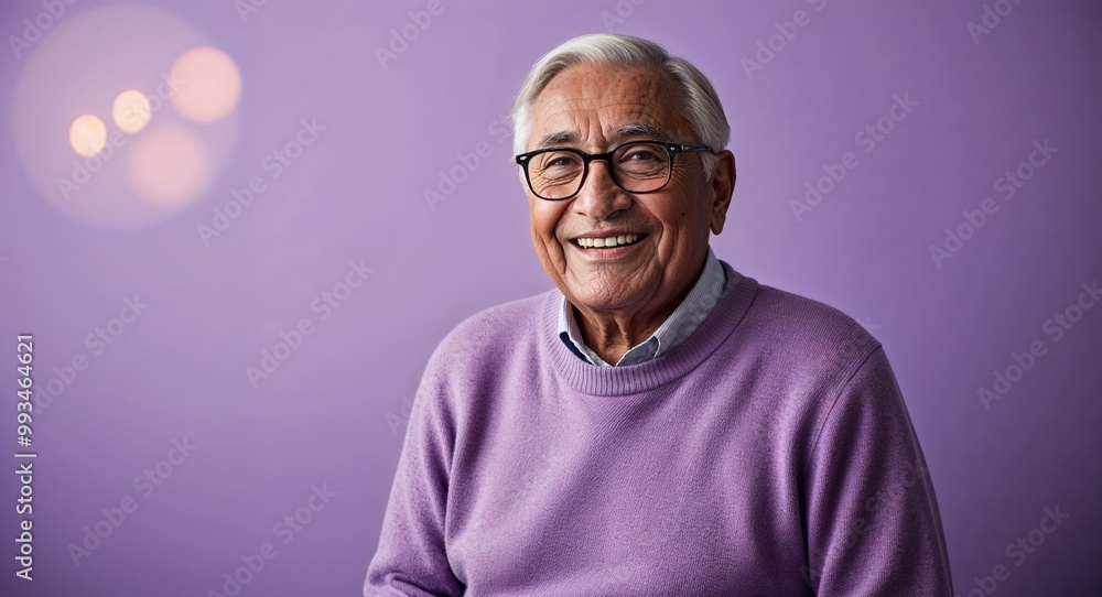 Fototapeta premium Cheerful elderly Hispanic man with glasses wearing sweater on plain lavender background