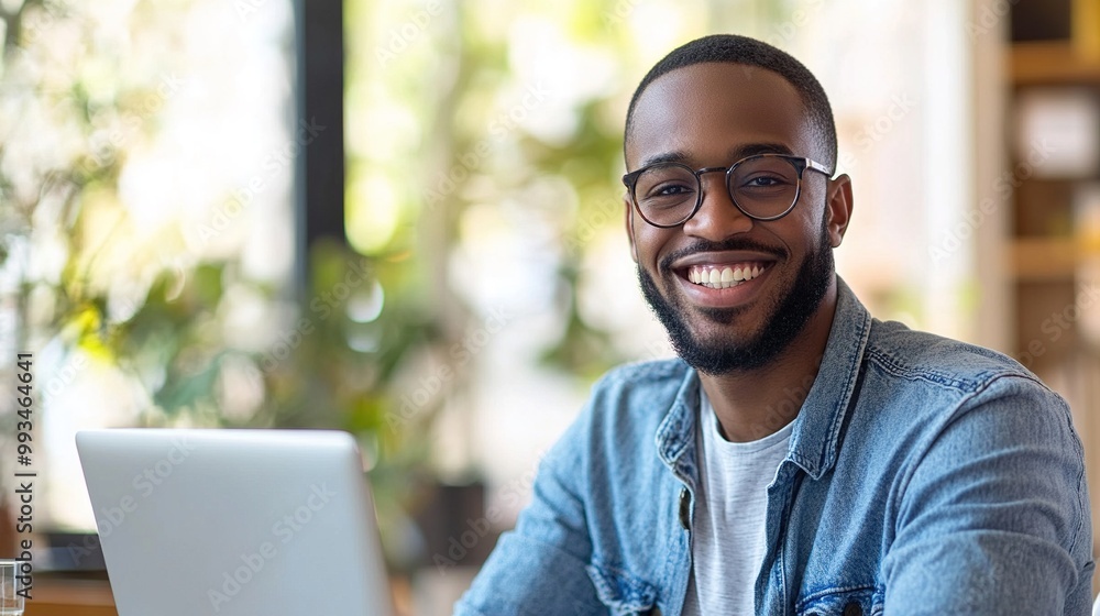 A smiling man with glasses works on a laptop in a bright, modern environment filled with plants. A smiling man with glasses works on a laptop in a bright, modern environment filled with plants.