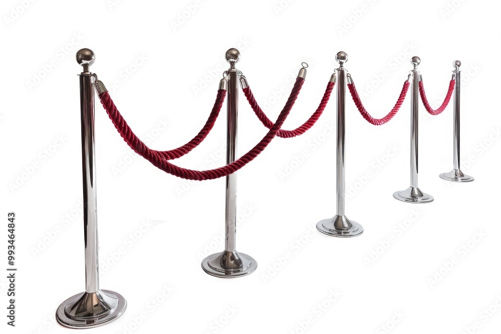 Row of red rope barriers with silver posts on a background, perfect for event or construction site photography Row of red rope barriers with silver posts on a background, perfect for event or construction site photography