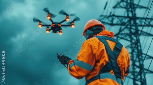 Worker supervising drone in electric field, wearing safety gear, cloudy sky. photo