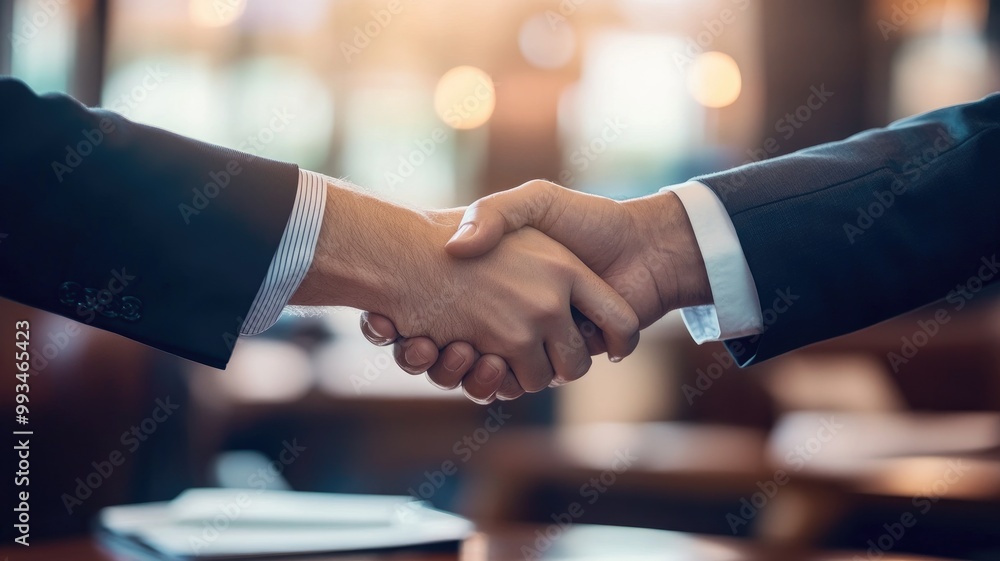 Two men in suits shaking hands, symbolizing business agreement or partnership Two men in suits shaking hands, symbolizing business agreement or partnership