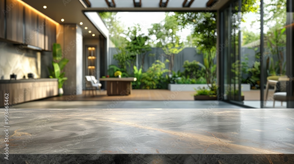 Fototapeta premium Kitchen table top for product display with blurred modern interior 