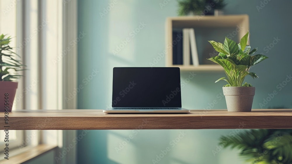 Modern minimalist workspace with laptop and plants on wooden desk near window Modern minimalist workspace with laptop and plants on wooden desk near window