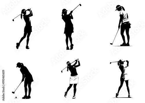 woman playing golf in various poses isolated vector silhouette on white background