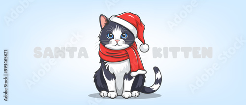 Vector cute cartoon black and white sitting cat in red Santa Claus hat and scarf. Merry Christmas and Happy New Year. Toon cuddly domestic pet. Holiday friendly puss.