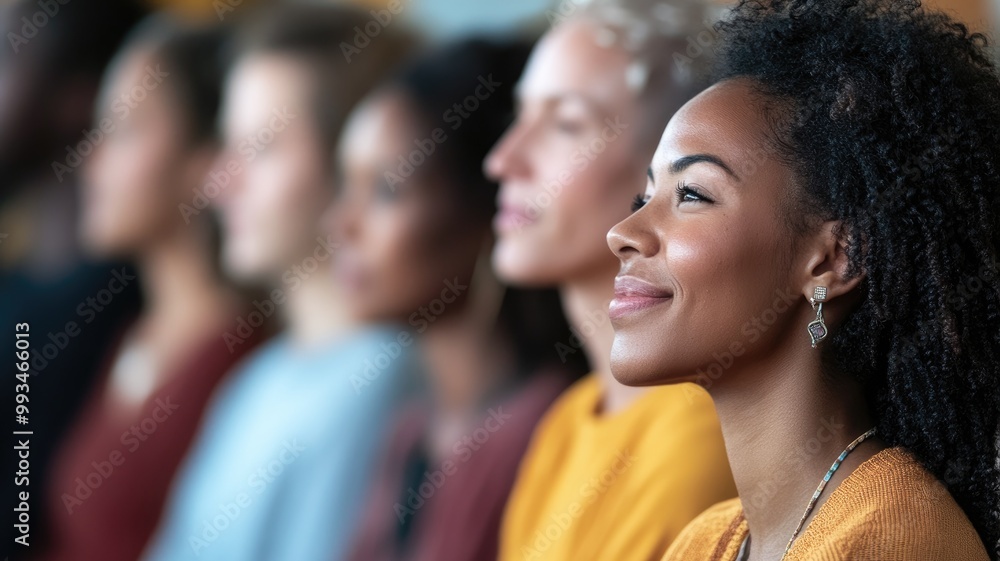 Diverse group of people looking attentively, mostly women Diverse group of people looking attentively, mostly women
