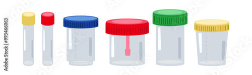 Laboratory containers. Medical container for assembling human biomaterial set. Closed disposable medicine sterile jars for excrement blood urine. Healthcare, medical diagnostic Vector illustration.