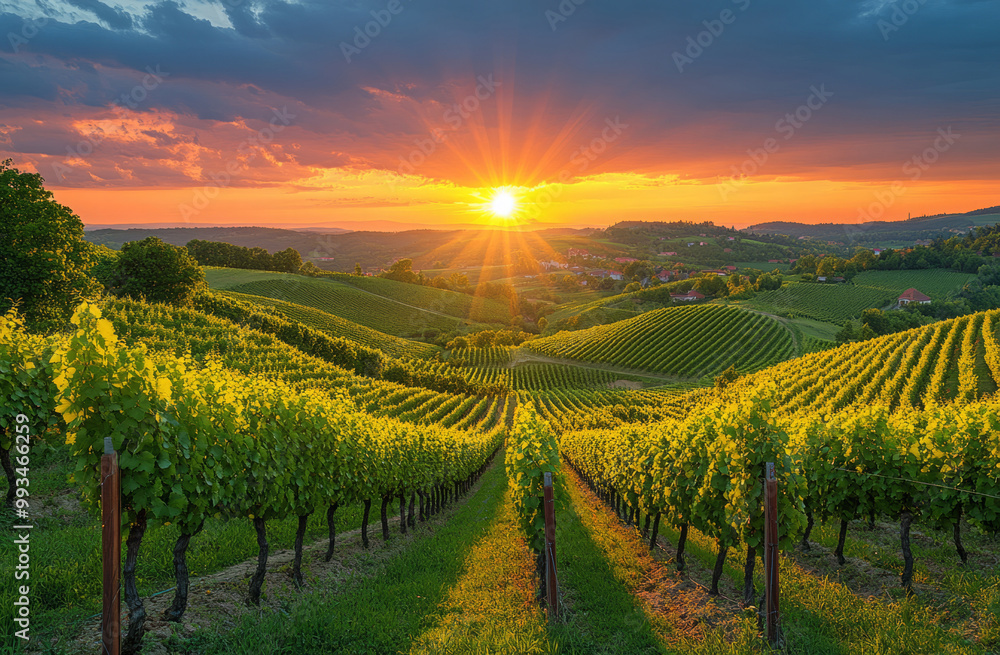 A vineyard at sunset with a beautiful summer view. Grape ridges against the sky. A vineyard at sunset with a beautiful summer view. Grape ridges against the sky.