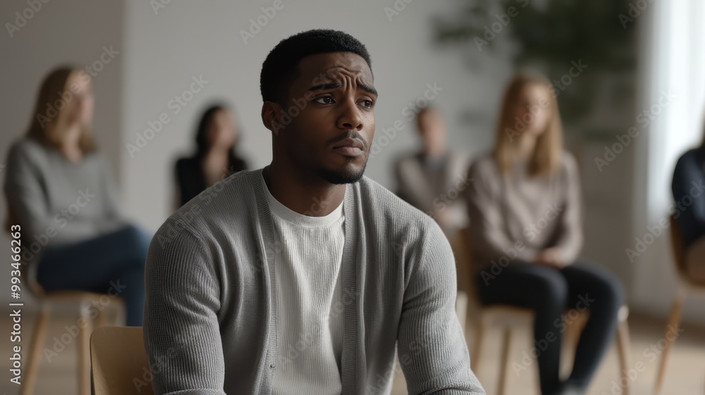 Embracing Vulnerability: Support Group Meeting with Anxious Black Man in Foreground Surrounded by Circle of Openness and Trust Embracing Vulnerability: Support Group Meeting with Anxious Black Man in Foreground Surrounded by Circle of Openness and Trust