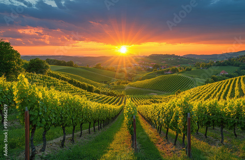 A vineyard at sunset with a beautiful summer view. Grape ridges against the sky.