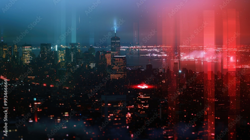 Fototapeta premium Nighttime city view from high-rise building with bright lights and bustling streets