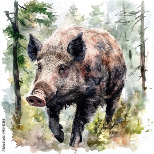 Wild boar in a forest, watercolor painting
