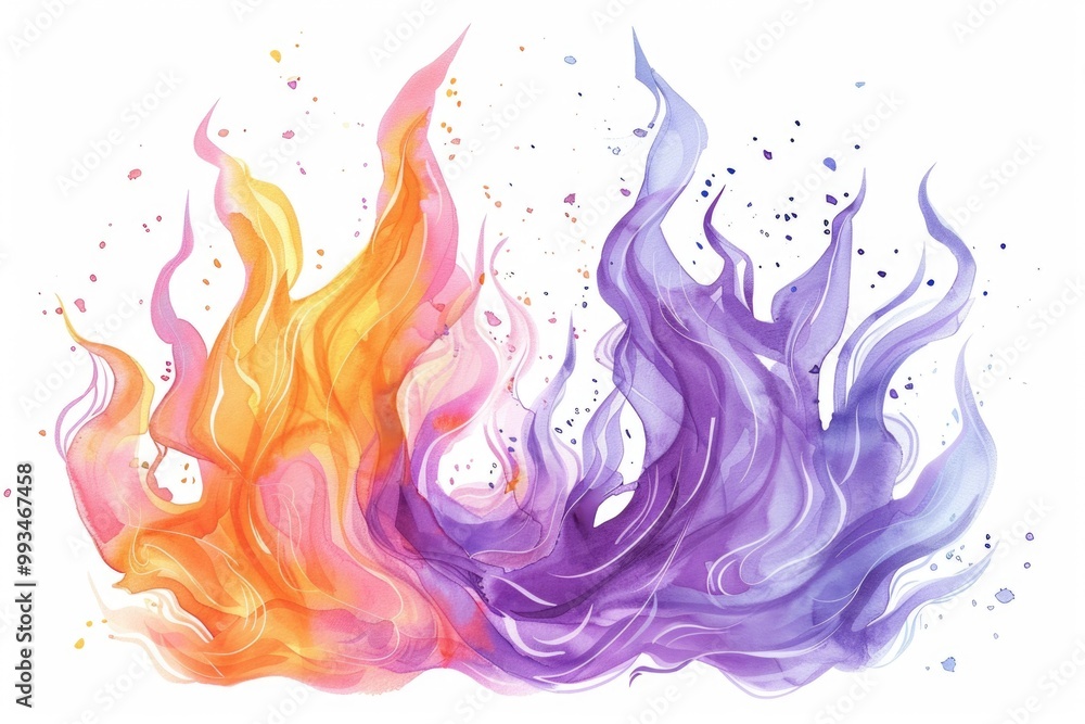A vibrant illustration of fire with a watercolor effect on a white background, ideal for use in designs related to passion, energy or warmth A vibrant illustration of fire with a watercolor effect on a white background, ideal for use in designs related to passion, energy or warmth