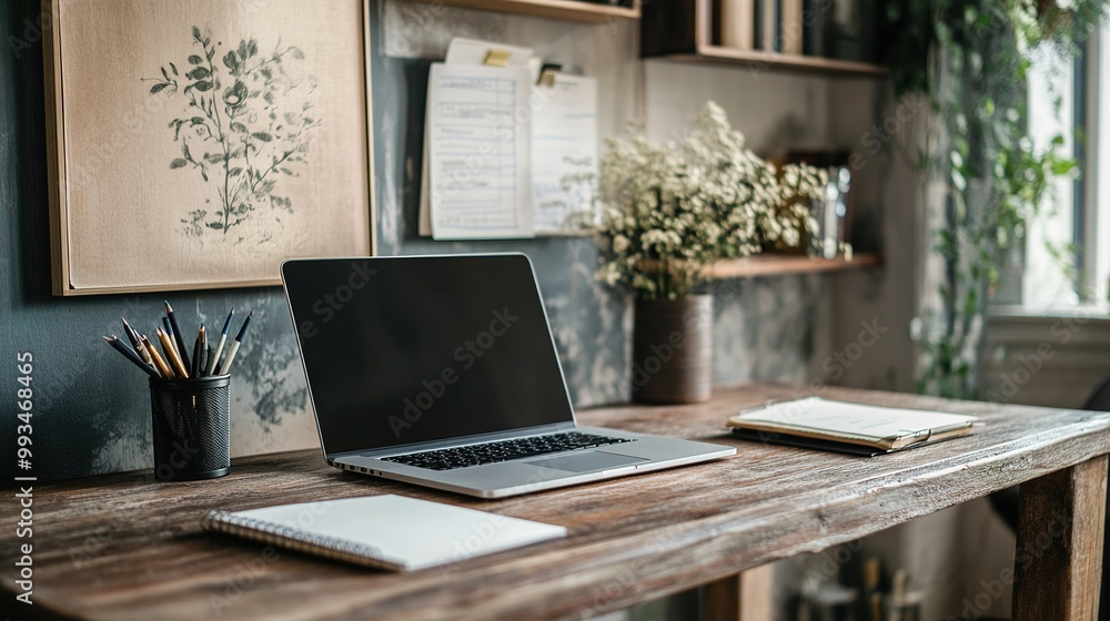 A cozy workspace featuring a wooden desk, laptop, stationery, and plants, creating a serene and productive environment. A cozy workspace featuring a wooden desk, laptop, stationery, and plants, creating a serene and productive environment.