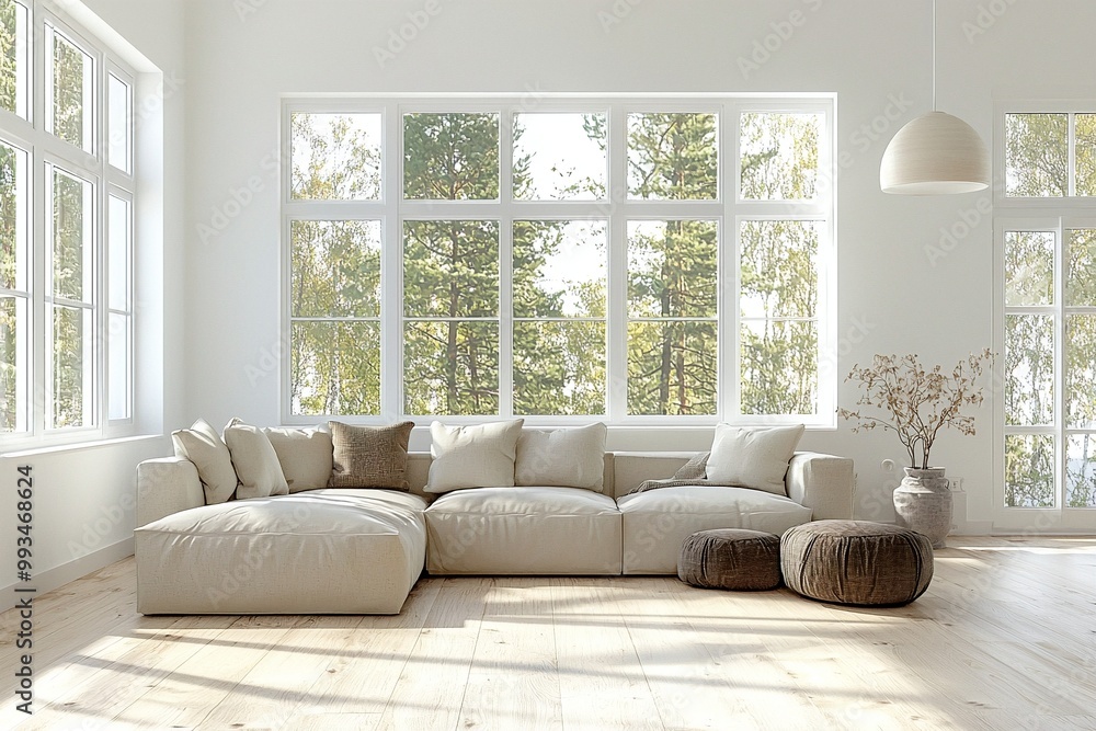 Fototapeta premium A modern living room with a soft white tone finish. A living room photo of a combination of Scandinavian interiors and mid-century modern interiors with comfortable sofas. Generative AI 