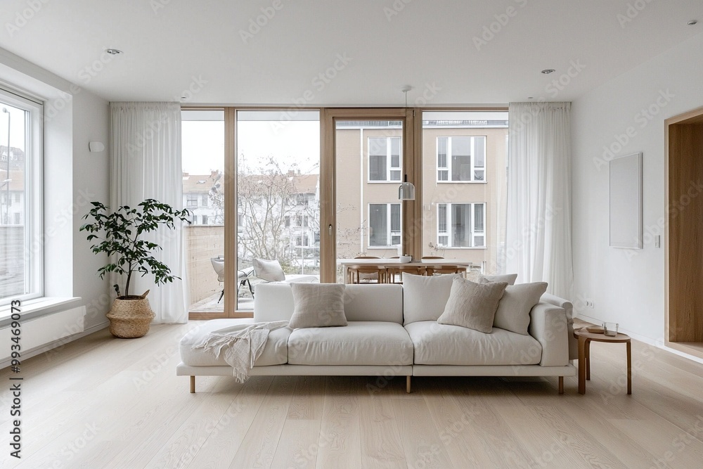 Minimalist, A modern living room with a soft white tone finish. A living room photo of a combination of Scandinavian interiors and mid-century modern interiors with comfortable sofas. Generative AI Minimalist, A modern living room with a soft white tone finish. A living room photo of a combination of Scandinavian interiors and mid-century modern interiors with comfortable sofas. Generative AI