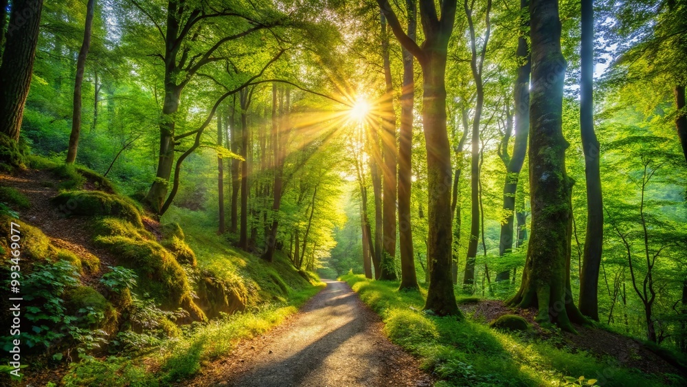 Obraz premium Scenic Hiking Path Through Lush Green Forest with Sunlight Filtering Through the Tree Canopy