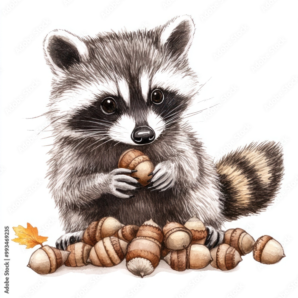 Raccoon with acorns, white isolated background Raccoon with acorns, white isolated background