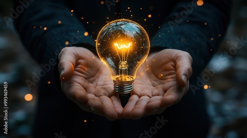 Businessman having an idea holding a lit light bulp. Business concept