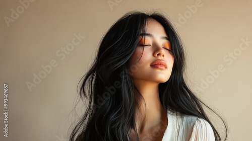 Elegant Woman with Flowing Dark Hair - Serene Beauty Portrait