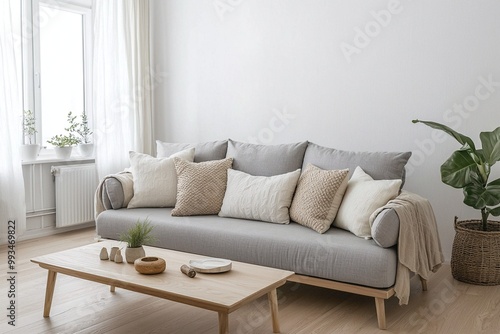 Photograph of a combination of modern Scandinavian interiors and mid-century modern interiors in a living room with a comfortable sofa. Generative AI 