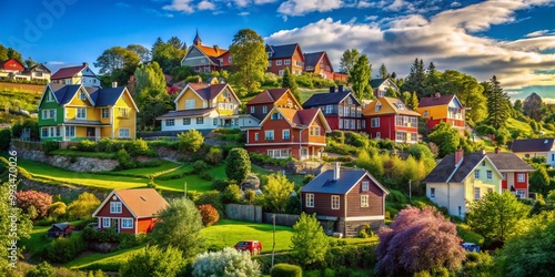 Scenic Landscape with Charming Houses Surrounded by Lush Greenery and Clear Blue Skies