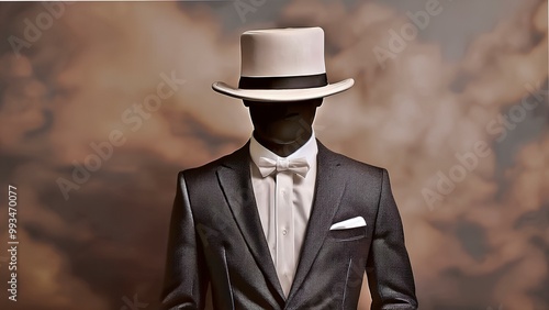 A faceless man in business clothes. A headless man in a classic suit and top hat. A secret stranger, a ghostly image. photo