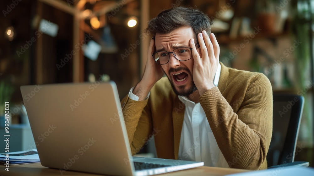 Side profile view angry ashamed guy slaps face sitting at office desk with laptop. Side profile view angry ashamed guy slaps face sitting at office desk with laptop.