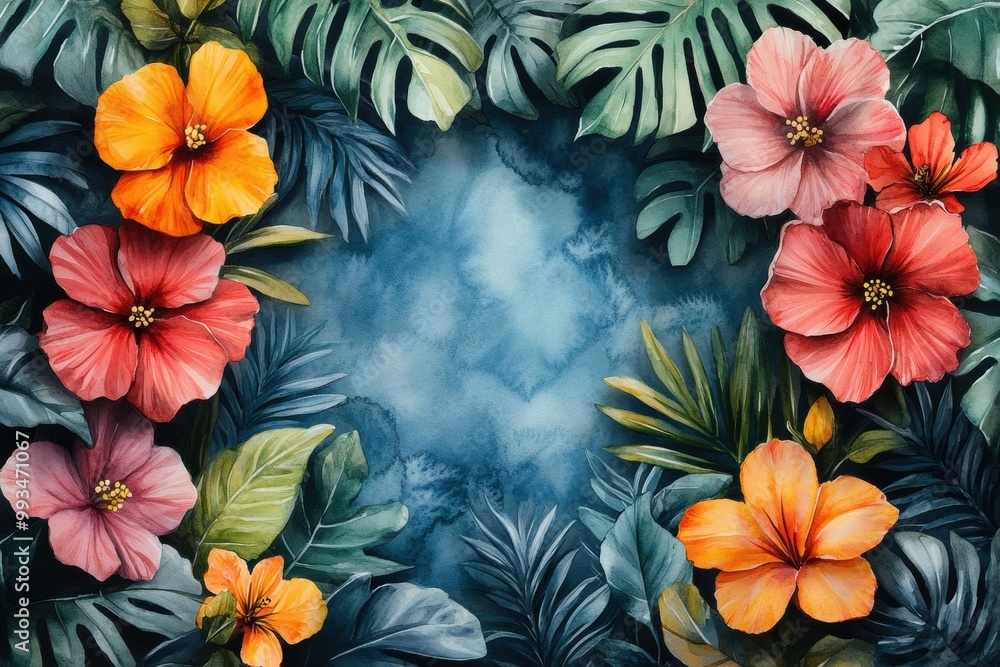 Vibrant Floral Frame with Tropical Leaves and Blooms Vibrant Floral Frame with Tropical Leaves and Blooms