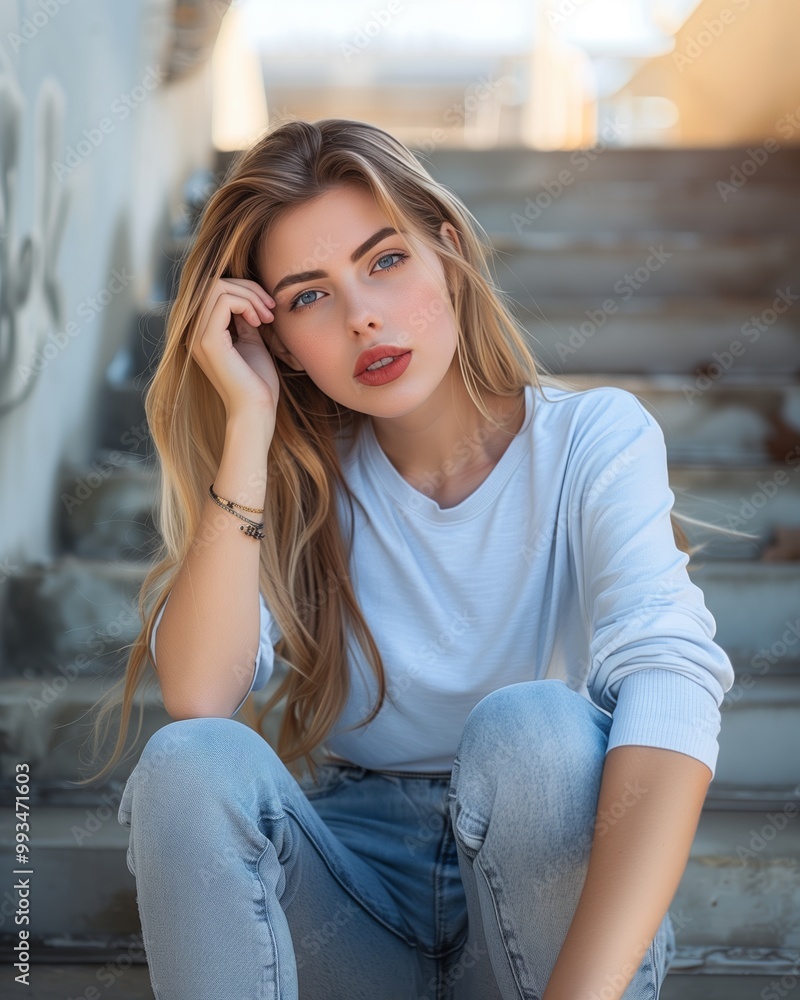 Casual Portrait of a Thoughtful Young Woman Sitting on Outdoor Steps in Summer
