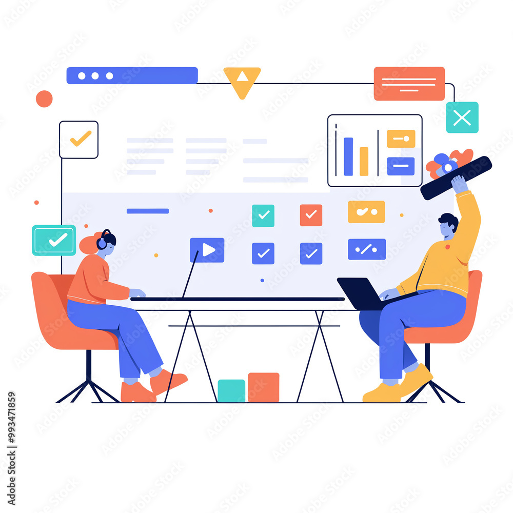 Naklejka premium Teamwork develop social media content vector illustration. Cartoon flat tiny developer designer people team working on creative webpage, news portal or information website. Web development background