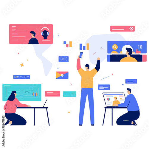 Teamwork develop social media content vector illustration. Cartoon flat tiny developer designer people team working on creative webpage, news portal or information website. Web development background