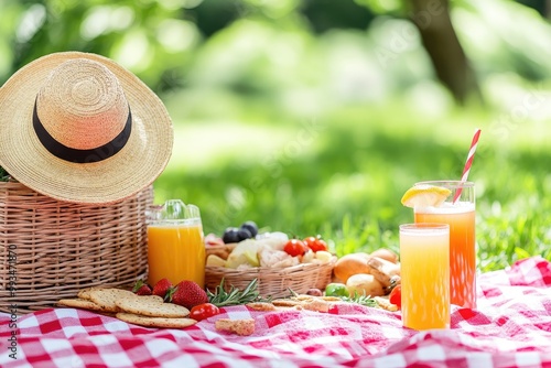 Canasta de picnic, diferentes bocadillos, jugo y sombrero de paja sobre una manta de cuadros rojos al aire libre.








 photo