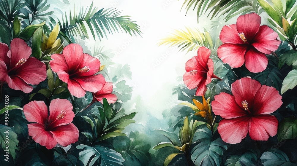 Vibrant Hibiscus Flowers in Lush Tropical Setting Vibrant Hibiscus Flowers in Lush Tropical Setting