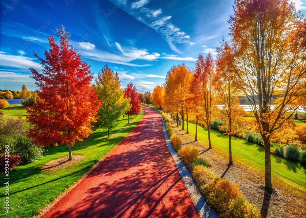 Fototapeta premium Scenic outdoor running trail with vibrant trees and clear blue sky, perfect for exercise enthusiasts