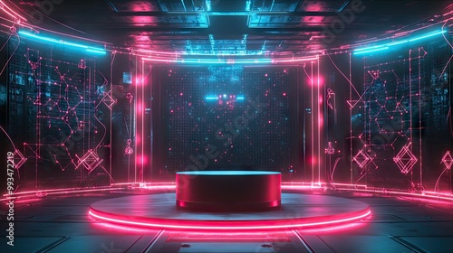 Futuristic podium illuminated by glowing neon lights, surrounded by abstract neural network patterns in a high-tech space.