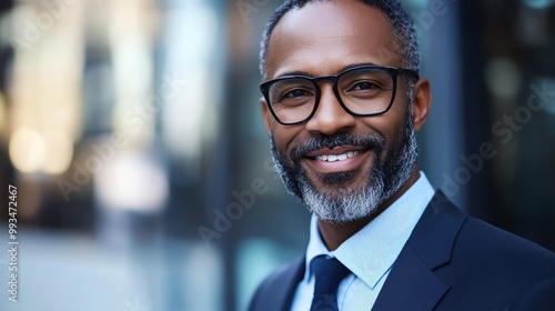 Smiling businessman with glasses wearing a suit, natural outdoor background.