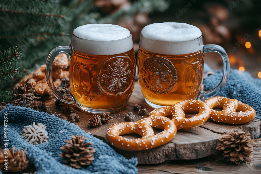 A rustic beer garden table adorned with large mugs of frothy beer, pretzels, and Bavarian decorations A rustic beer garden table adorned with large mugs of frothy beer, pretzels, and Bavarian decorations