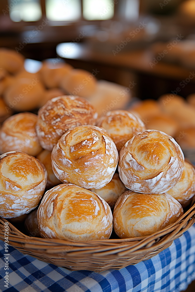 A rustic basket filled with baked German bread rolls, placed on a traditional Bavarian tablecloth A rustic basket filled with baked German bread rolls, placed on a traditional Bavarian tablecloth