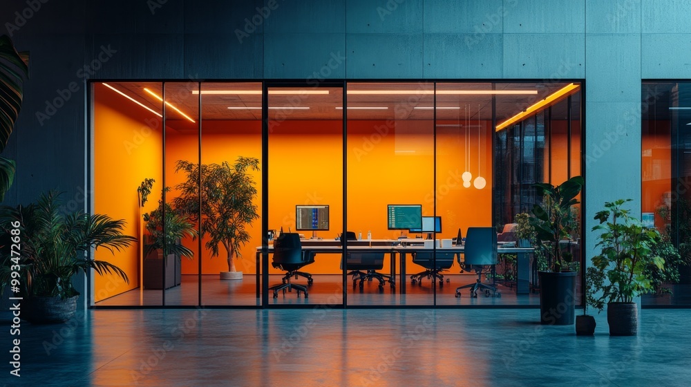 Office Interior with Orange Wa Office Interior with Orange Wa