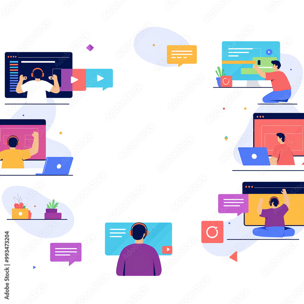 Fototapeta premium Teamwork develop social media content vector illustration. Cartoon flat tiny developer designer people team working on creative webpage, news portal or information website. Web development background
