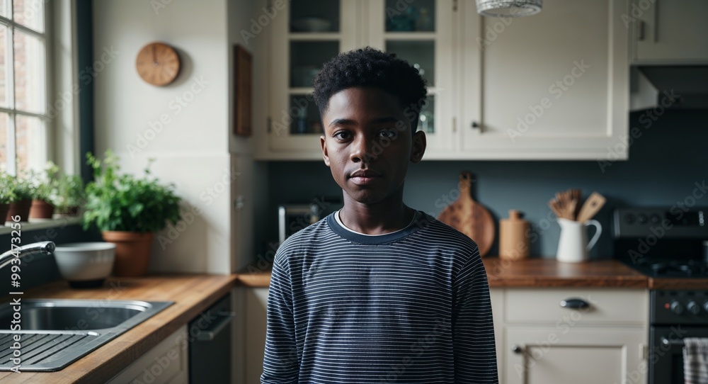 Focused young Black boy wearing casual clothes in a home kitchen Focused young Black boy wearing casual clothes in a home kitchen