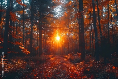 Autumn Forest Sunrise: Tranquil Woodland Path with Golden Foliage - Ideal for Nature Posters and Seasonal Prints