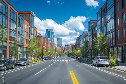 Boston city skyline street New Modern Seaport District Neighborhood, Generative AI