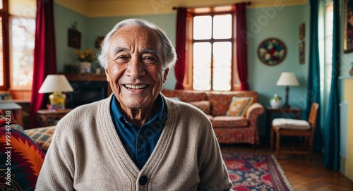 Happy elderly Hispanic man wearing a cardigan in a traditional living room